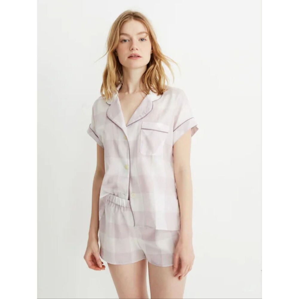 Madewell Bedtime Pajama Top lilac gingham marble Purple Small Comfy Soft Collar